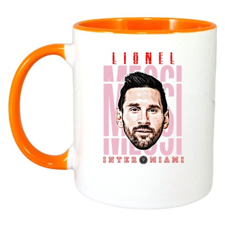 Cana alba personalizata, fotbalistul Lionel Andrs Messi Cuccittini-Inter Miami CF, Cri-Flo,. Maner si interior Portocaliu, INOVATIX®. 330ml