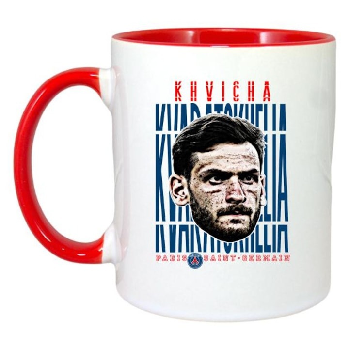 Cana alba personalizata, fotbalistul Khvicha Kvaratskhelia-SSC Napoli, Cri-Flo,. Maner si interior Rosu, INOVATIX®. 330ml