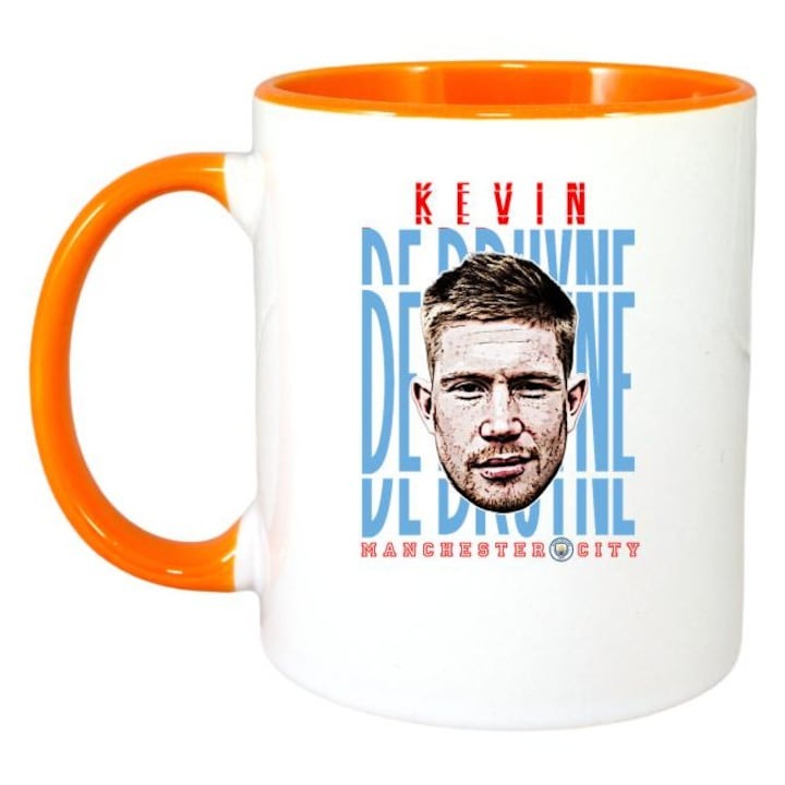 Cana alba personalizata, fotbalistul Kevin De Bruyne-Manchester City, Cri-Flo,. Maner si interior Portocaliu, INOVATIX®. 330ml
