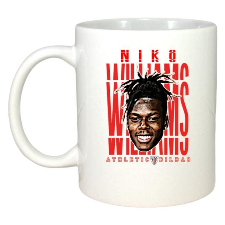 Cana alba personalizata, fotbalistul Nicholas Nico Williams Arthuer-Athletic Bilbao, Cri-Flo,. Maner si interior Alb, INOVATIX®. 330ml