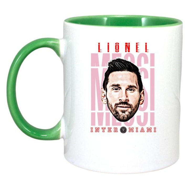 Cana alba personalizata, fotbalistul Lionel Andrs Messi Cuccittini-Inter Miami CF, Cri-Flo,. Maner si interior Verde, INOVATIX®. 330ml