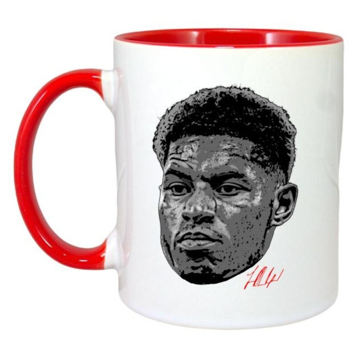 Cana alba personalizata, fotbalistul Marcus Rashford-Manchester United, Cri-Flo,. Maner si interior Rosu, INOVATIX®. 330ml