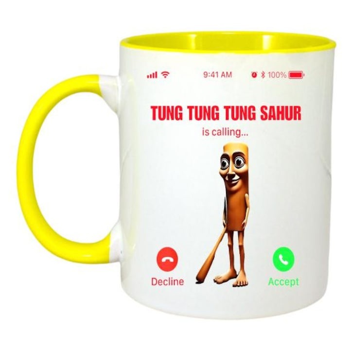 Cana alba personalizata, Tralalero Tralala cu Tung Tung Tung Sahur - Italian Brainrot Meme T-Shirt (1), Cri-Flo,. Maner si interior Galben, INOVATIX®. 330ml
