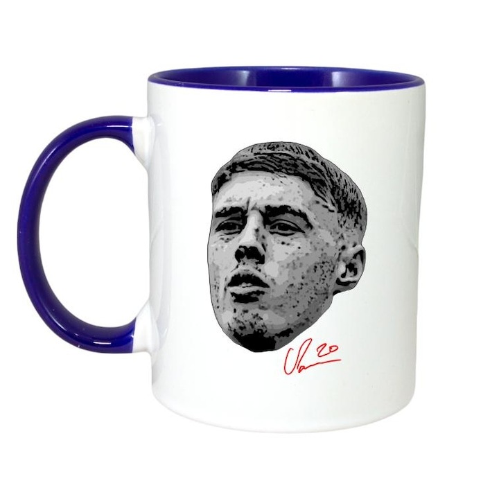 Cana alba personalizata, fotbalistul Cole Palmer-Chelsea FC, Cri-Flo,. Maner si interior Albastru, INOVATIX®. 330ml