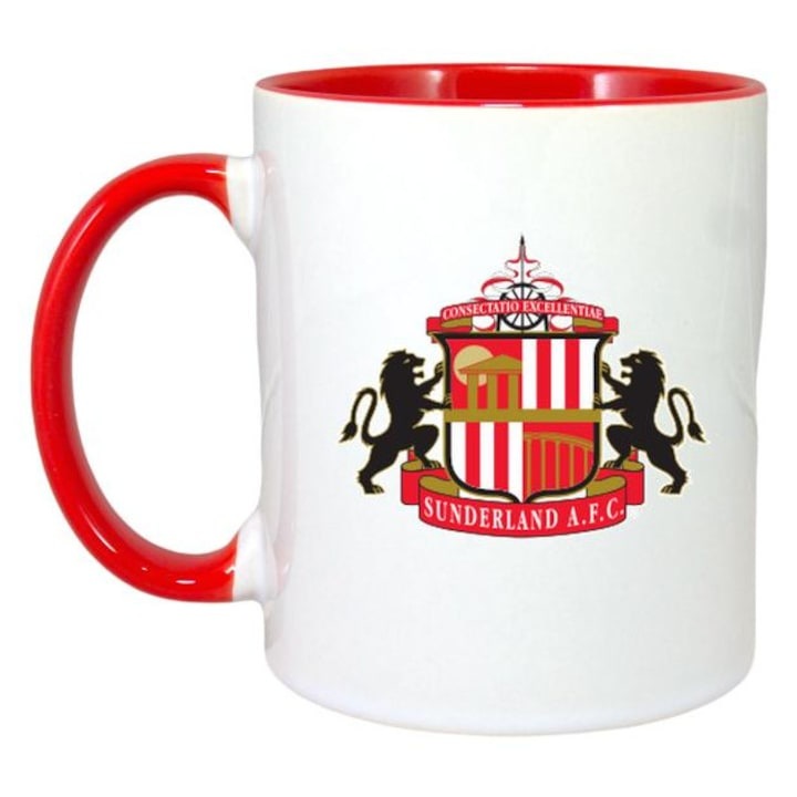 Személyre szabott fehér bögre, Sunderland AFC angol futballcsapat logóval/emblémával, Cri-Flo mintával, piros füllel és belső résszel, INOVATIX®. 330ml