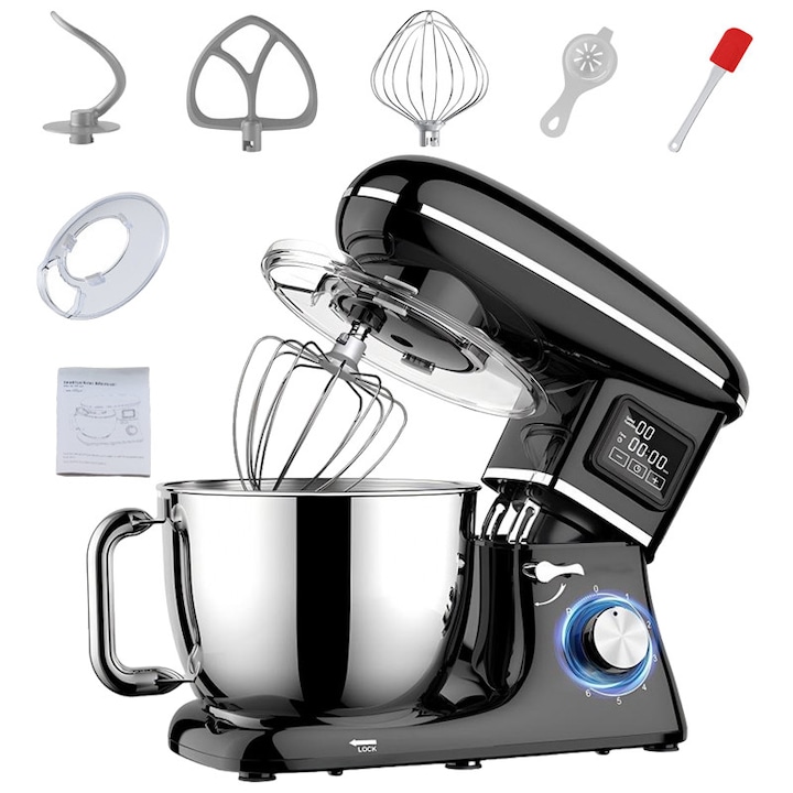 COSMI Konyhai Robotgép, 1 db, Háztartási asztali 1500W Intelligens kijelző 6 sebességfokozat 6.2L Nagy kapacitás 110-240V Széles feszültség Öntött alumínium + Fémverő tartozékok, Cukrászda Konyha