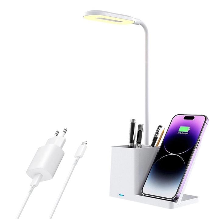 Lampa Led de Birou, Masa si Noptiera Multifunctionala 3 in 1 cu incarcare Wireless 15W, Touch Control, Suport Pixuri, Reglabila pentru protejarea ochilor, 3 temperaturi de culoare 3000/4000/6500K, Lampa 33 cm LED integrat