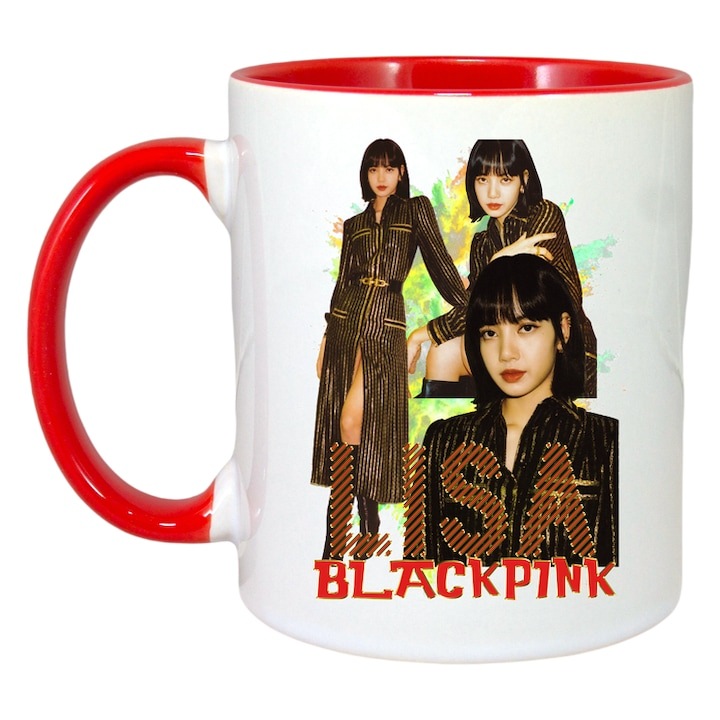 Персонализирана бяла чаша, група BLACKPINK LISA 5, Cri-Flo, червена дръжка и вътрешност, INOVATIX®. 330 мл