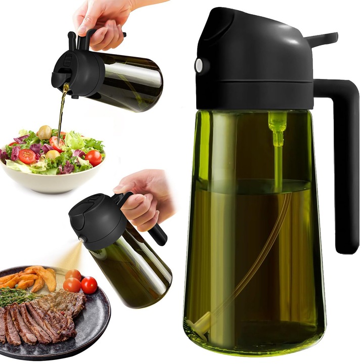 Затворен спрей за олио за готвене, 2 в 1, с дозатор за зехтин за кухня, 470 мл, премиум бутилка за олио от тъмнозелено стъкло, подходящ за хранително масло за фритюрник, черен