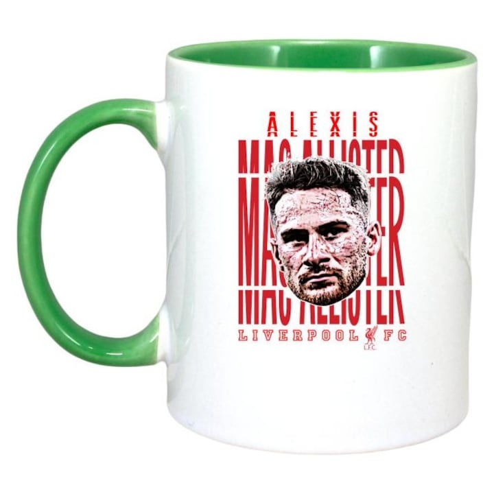 Cana alba personalizata, fotbalistul Alexis Mac Allister-Liverpool FC, Cri-Flo,. Maner si interior Verde, INOVATIX®. 330ml
