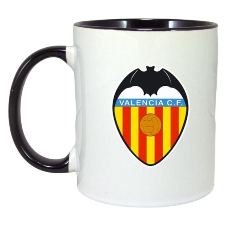 Персонализирана бяла чаша, лого/емблема на испанския футболен отбор Valencia_CF, Cri-Flo, черна дръжка и вътрешност, INOVATIX®. 330 мл