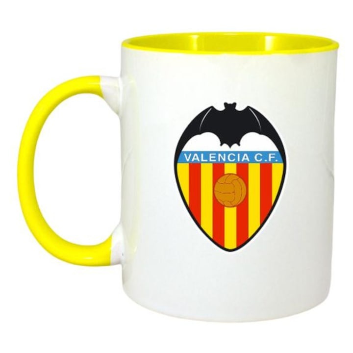 Персонализирана чаша INOVATIX, Лого и емблема на испанския футболен отбор Valencia_CF, Cri-Flo, Жълта дръжка и вътрешност, Бяла, 330 мл