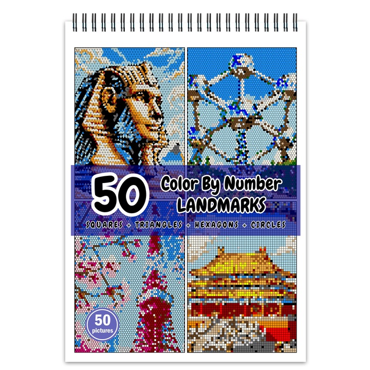 Carte de colorat cu numere, color by number, 50 de ilustratii Landmarks, 106 pagini, Format: A4, Editura Cadouri Legendare