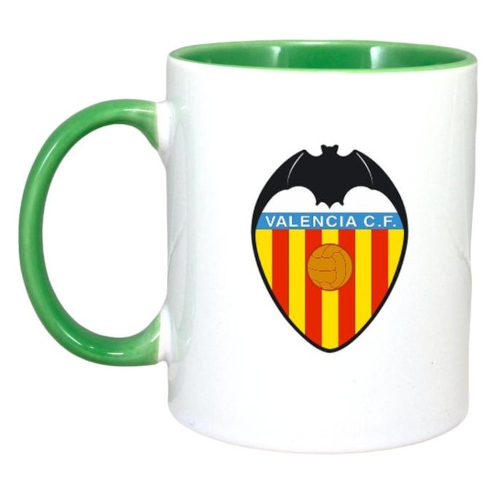 Персонализирана бяла чаша, лого/емблема на испанския футболен отбор Valencia_CF, Cri-Flo, зелена дръжка и вътрешност, INOVATIX®. 330 мл
