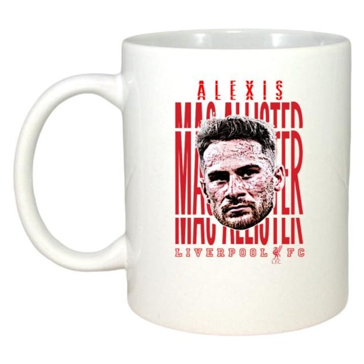Cana alba personalizata, fotbalistul Alexis Mac Allister-Liverpool FC, Cri-Flo,. Maner si interior Alb, INOVATIX®. 330ml
