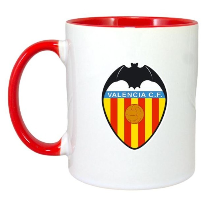 Персонализирана бяла чаша, лого/емблема на испанския футболен отбор Valencia_CF, Cri-Flo, червена дръжка и вътрешност, INOVATIX®. 330 мл