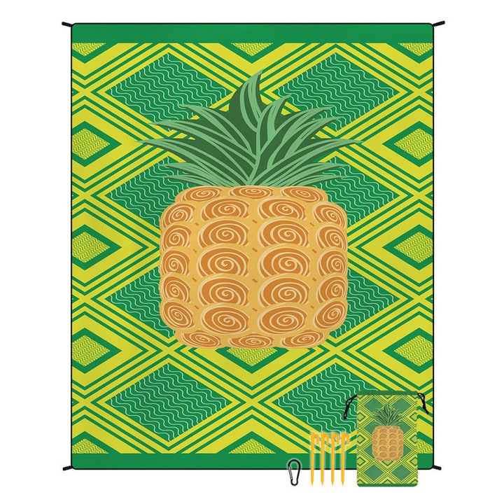 Covor plaja boho, uscare rapida si impermeabil, microfibra, model ananas verde,180x220cm
