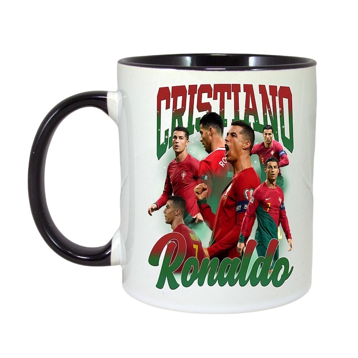 Személyre szabott fehér bögre, Ronaldo Cristian Portugal kecske, Cri-Flo, fekete fogantyú és belső, INOVATIX®. 330ml