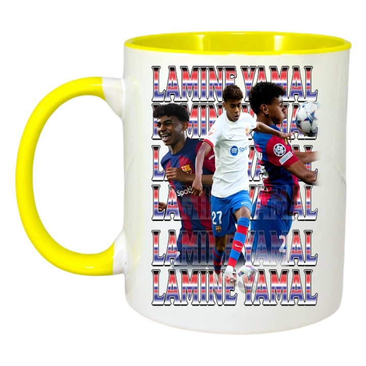 Персонализирана бяла чаша, Lamine Yamal Barcelona best, Cri-Flo, жълта дръжка и вътрешност, INOVATIX®. 330 мл