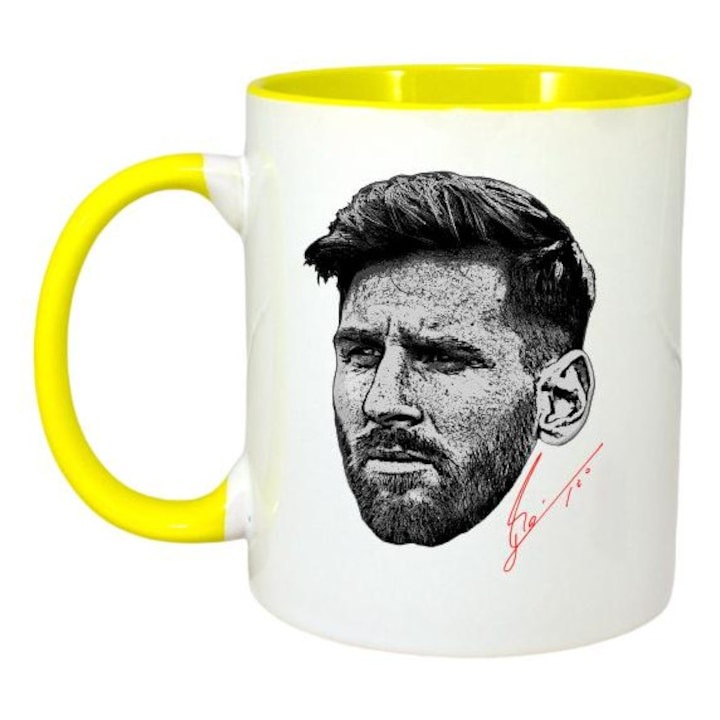 Cana alba personalizata, fotbalistul Lionel Messi-Inter Miami CF, Cri-Flo,. Maner si interior Galben, INOVATIX®. 330ml