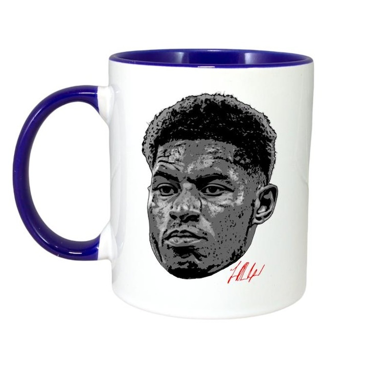 Cana alba personalizata, fotbalistul Marcus Rashford-Manchester United, Cri-Flo,. Maner si interior Albastru, INOVATIX®. 330ml