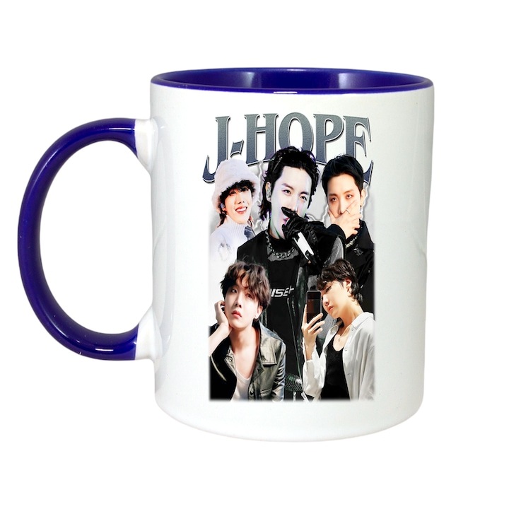 Személyre szabott fehér bögre, zenekar/csoport JENIE LISA ROSE JISOO, Cri-Flo, kék fogantyú és belső, INOVATIX®. 330ml