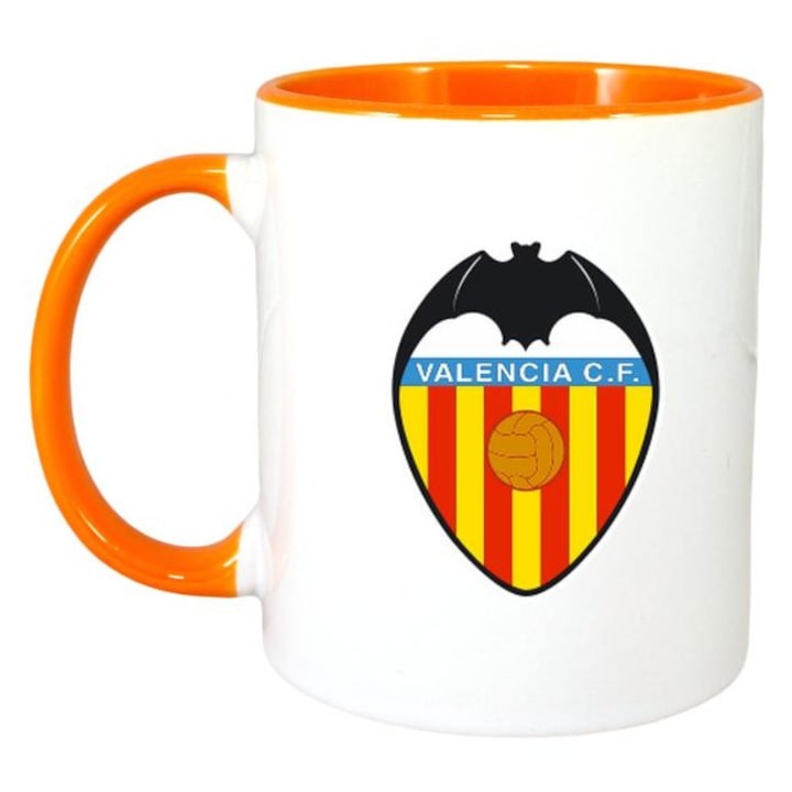 Персонализирана бяла чаша, лого/емблема на испанския футболен отбор Valencia_CF, Cri-Flo, оранжева дръжка и вътрешност, INOVATIX®. 330 мл