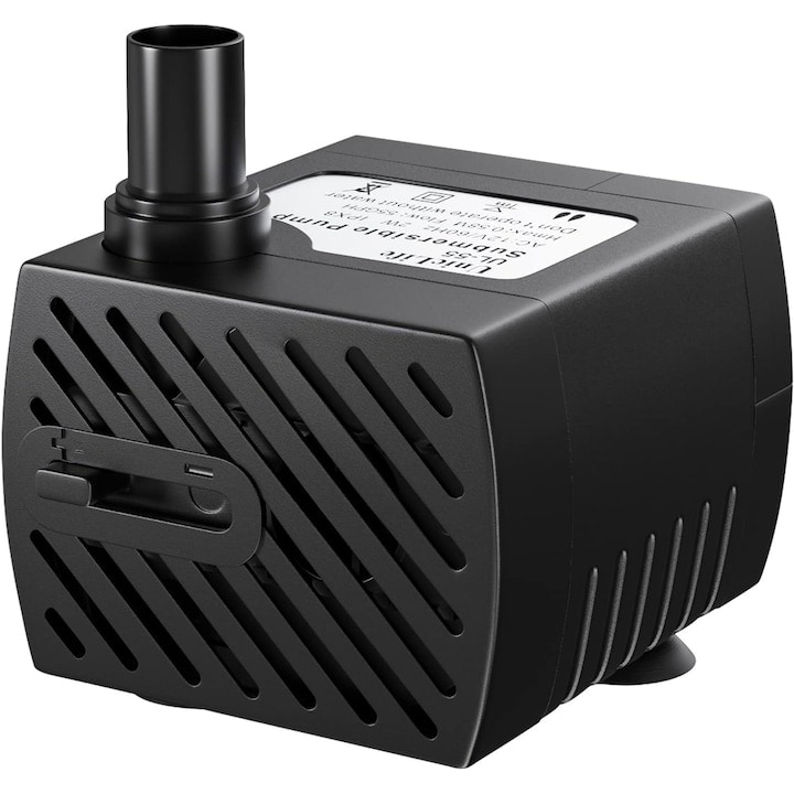 Pompa de Rezerva, Ploomi™, Accesorii pentru Fantana de Apa pentru Pisici si Caini, 230 l/h, silentioasa, reglabila, 2 duze, Tensiune de Iesire 12V, Putere 2W, Dimensiuni 3.8 x 3.5 x 3 cm, 2 Ventuze de Prindere, Negru