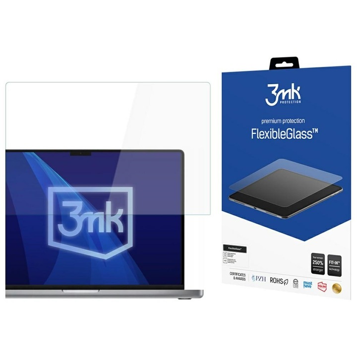 Schita hibrida 3MK FlexibleGlass pentru Apple Macbook Pro 16, 0.3mm, rezistenta la zgarieturi 7H, protectie la impact 250%