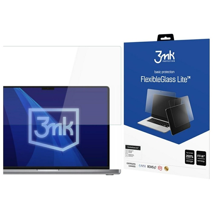 Sticla hibrida 3MK FlexibleGlass Lite pentru Apple Macbook Pro 16, 0.16mm, rezistenta la zgarieturi 7H, protectie imbunatatita