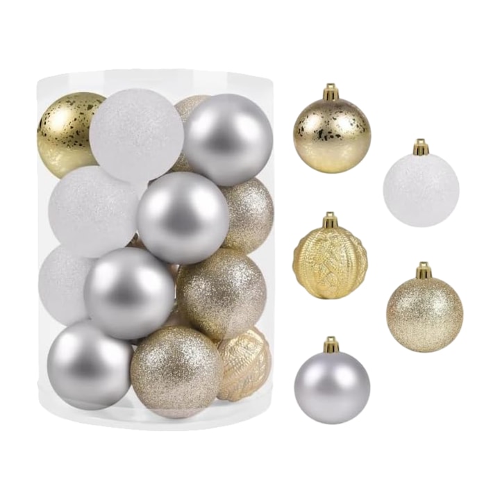 Set 20 globuri de Craciun, Nikcorp, aurii, argintii, albe, 6 cm