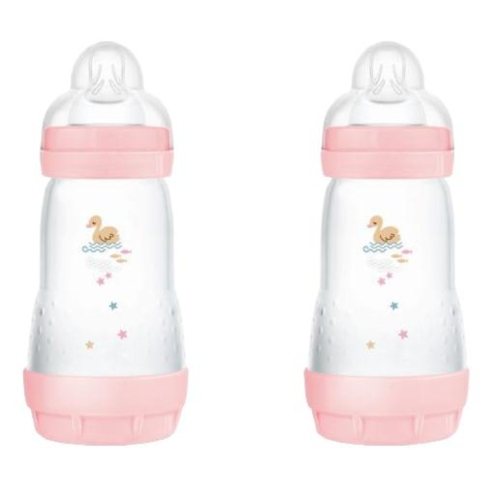 Set 2 biberoane MAM 260ml, anti-colici, deschidere mare, silicon, roz