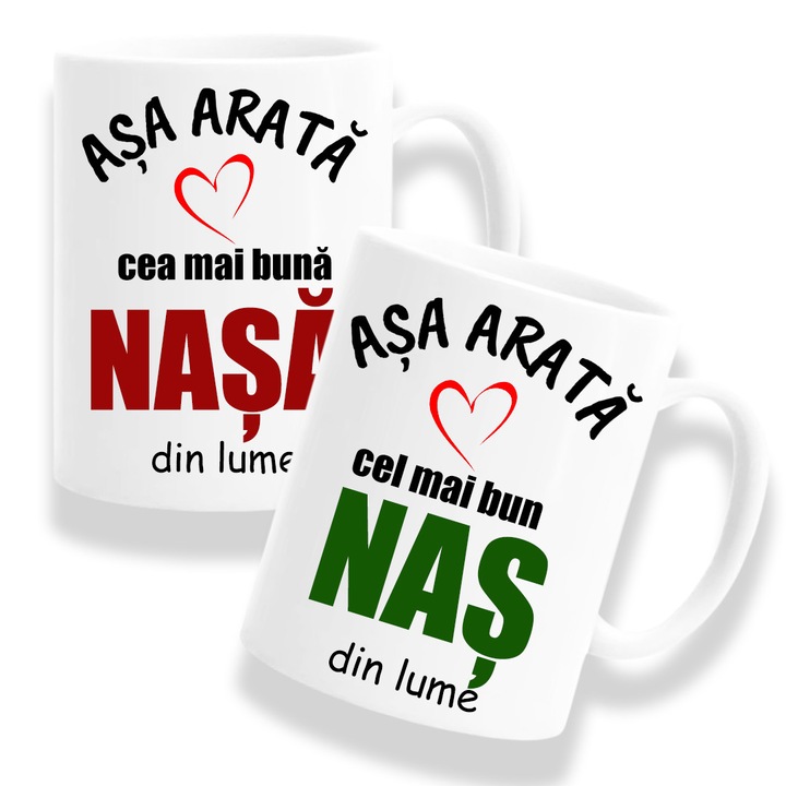 Set 2 Cani personalizate pentru Nasi cu mesaj: "Asa arata cea mai buna Nasa din lume/Asa arata cel mai bun Nas din lume", Betaprint, 330ml, alba, ceramica
