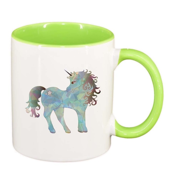 Személyre szabott fehér bögre, Rajzolt unikornis, világoszöld belsővel, D997, INOVATIX®. 330ml