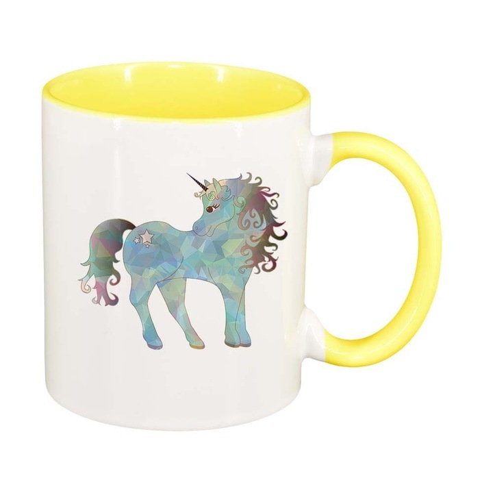 Személyre szabott fehér bögre, Rajzolt unikornis, sárga belsővel, D997, INOVATIX®. 330ml
