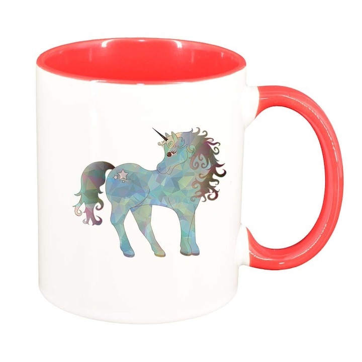 Személyre szabott fehér bögre, Rajzolt unikornis, sötétpiros belsővel, D997, INOVATIX®. 330ml