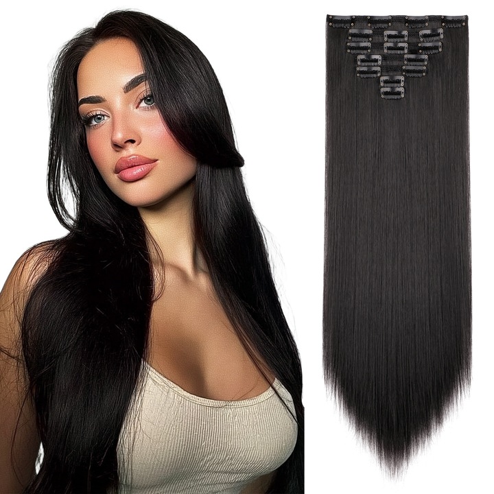 Extensii de Par, Clip-On, Set 7PCS, Par Sintetic Drept, 58cm, Aspect Natural, Indesire