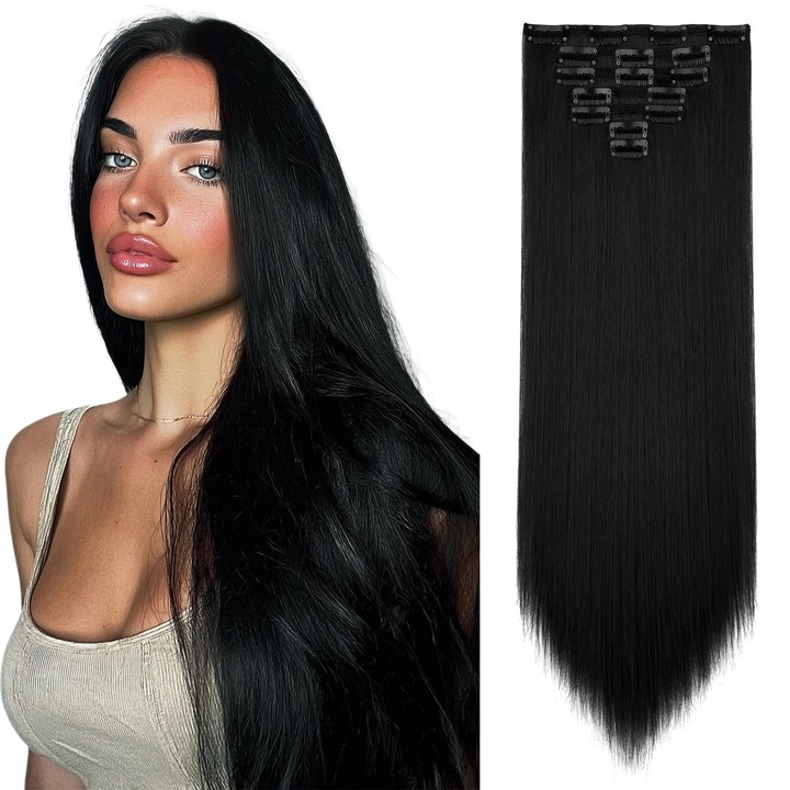 Extensii de Par, Clip-On, Set 7PCS, Par Sintetic Drept, 58cm, Aspect Natural, Indesire