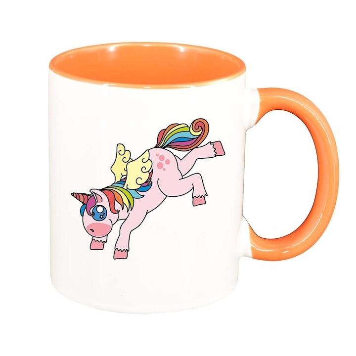 Személyre szabott fehér bögre, Unikornis, narancssárga belsővel, D971, INOVATIX®. 330ml