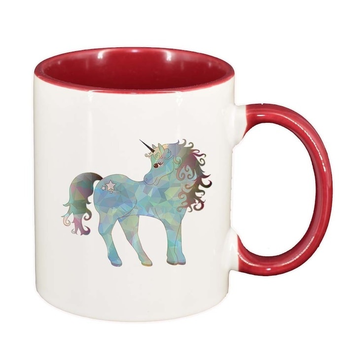 Személyre szabott fehér bögre, Rajzolt unikornis, piros belsővel, D997, INOVATIX®. 330ml