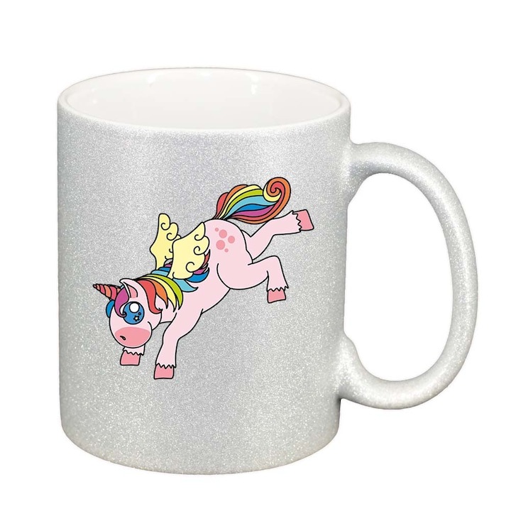 Személyre szabott fehér bögre, Unikornis, ezüst gyöngyházfényű csillámpor, D971, INOVATIX®. 330ml
