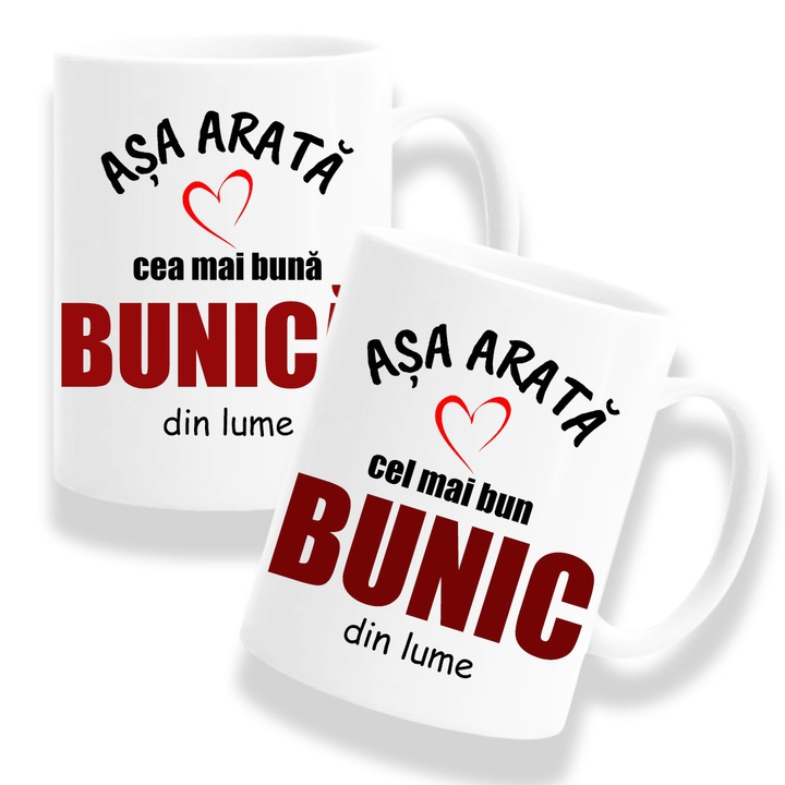 Set 2 Cani personalizate pentru Bunici cu mesaj: "Asa arata cea mai buna Bunica din lume/Asa arata cel mai bun Bunic din lume", Betaprint, 330ml, alba, ceramica