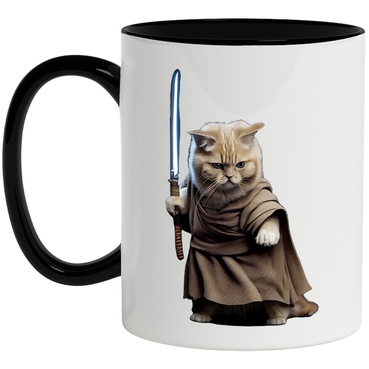 Cana alba personalizata, Razboinic, Sabie, Sci-Fi, Star Wars, Laser, cu Maner Negru, INOVATIX®. 330ml