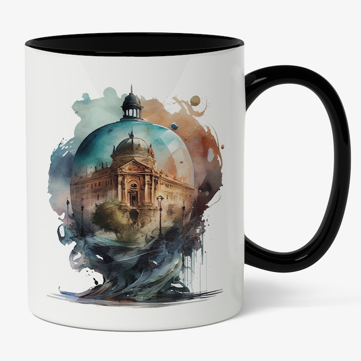 Cana alba personalizata, Design Absract, Sfera Di Sticla Cu O Cladire Inalta, In Centrul Vechi, Maner Negru, INOVATIX®. 330ml