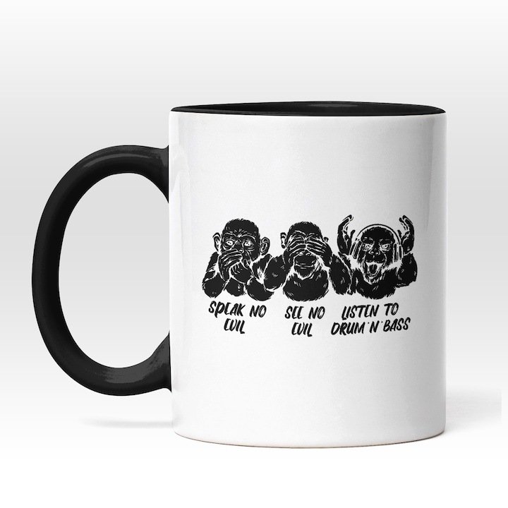Cana alba personalizata, Speak No Evil See No Evil Listen To Drum'N'Bas, Trei Maimute Emoji, In Engleza, Iubitorii De Muzica, Negru, Maner Negru, INOVATIX®. 330ml