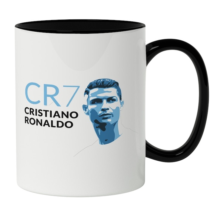 Cana alba personalizata, Portret Cristiano Ronaldo, Jucator Football Cunoscut, Real Madrid, Sport De Echipa, Maner Negru, INOVATIX®. 330ml