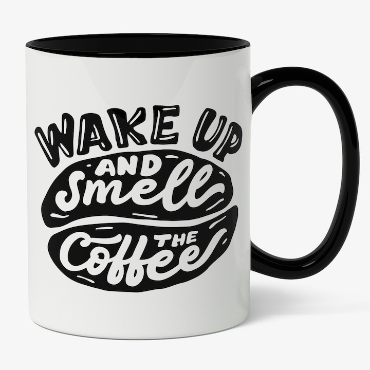Cana alba personalizata, Mesaj Wake Up And Smell The Coffee, Cafeaua De Dimineata, Iubitorii De Cafea, Negru, Maner Negru, INOVATIX®. 330ml