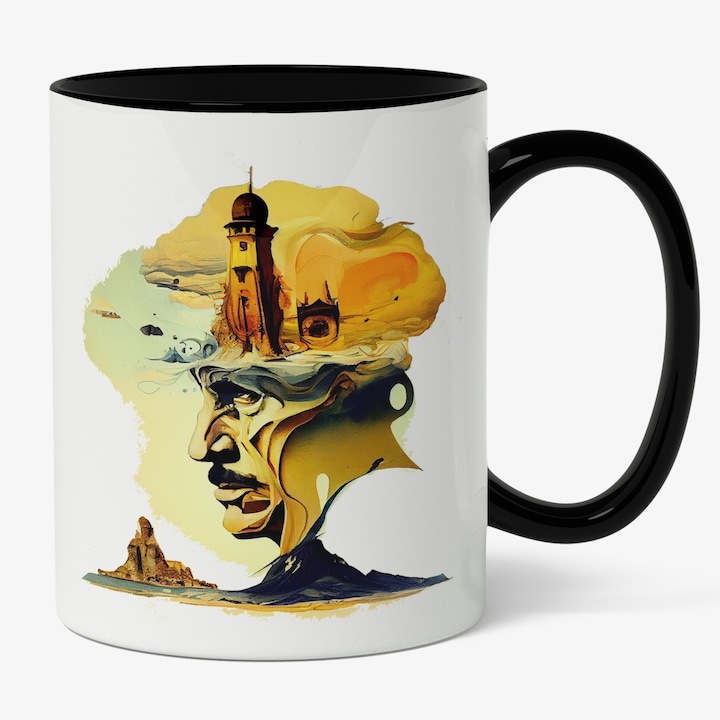 Cana alba personalizata, Pictura Abstracta, Chip Om Batran, Turn Inalt Stil Turcesc, Malul Marii, Maner Negru, INOVATIX®. 330ml