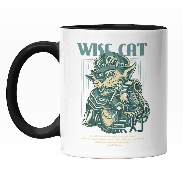 Cana alba personalizata, Portret Pisica Cu Palarie Inalta Si Tinuta Bizara, Desene Anime, In Engleza Wise Cat, Iubitorii De Pisici Si Motani, INOVATIX®. 330ml