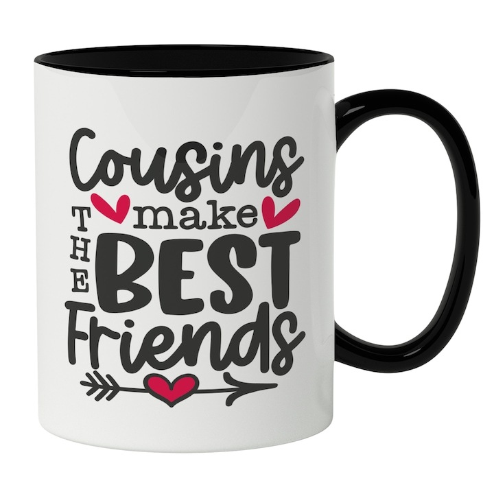 Cana alba personalizata, Mesaj In Engleza Cousins make The Best Friends, Inimoare Rosii, Cea Mai Buna Prietena, Familie, Iubitorii De Relaxare, INOVATIX®. 330ml